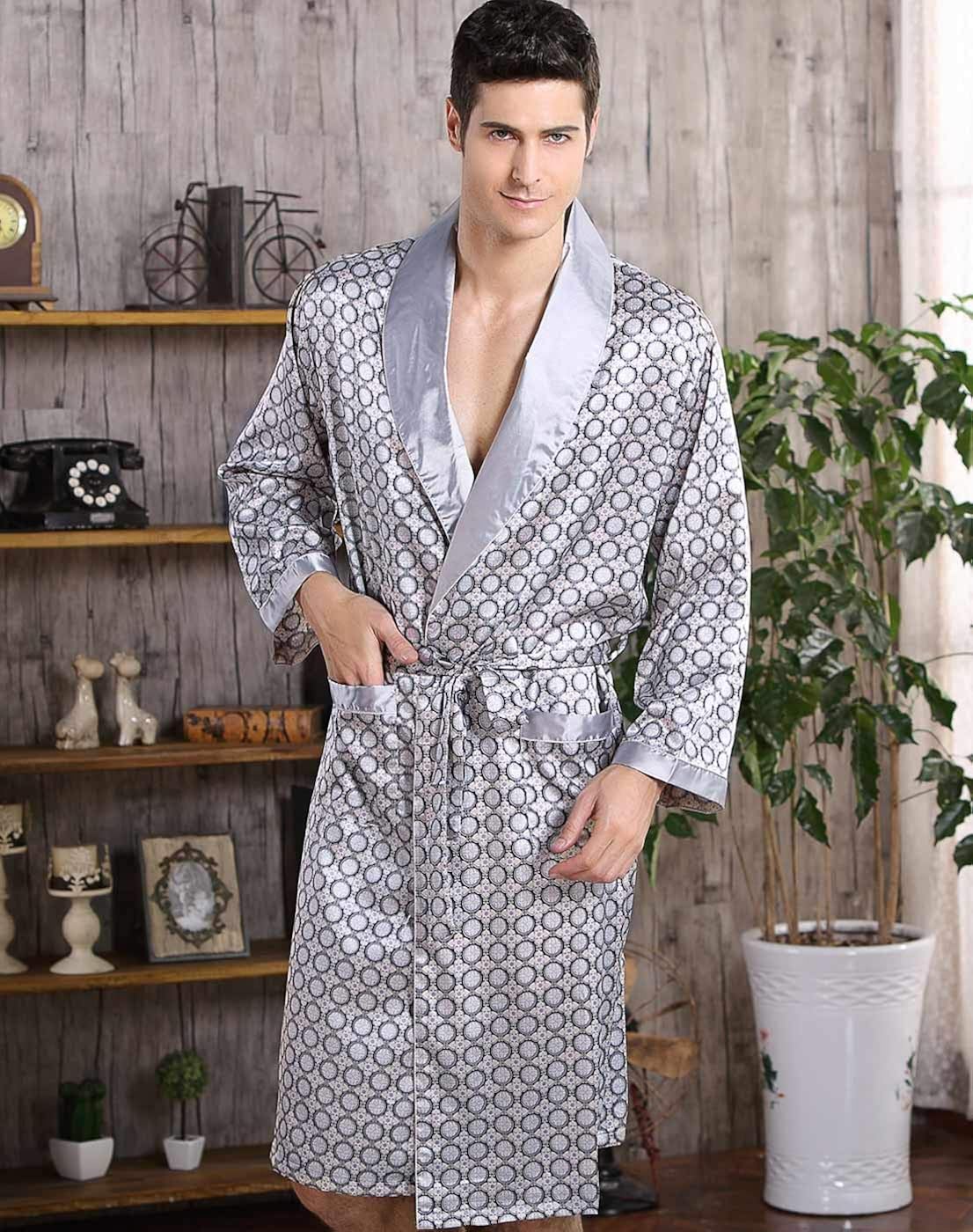 FEOYA Robe De Chambre Homme En Soie Artificielle - Peignoir Kimono Manches 3/4 Grande Taille Confortable Printemps Été Automne