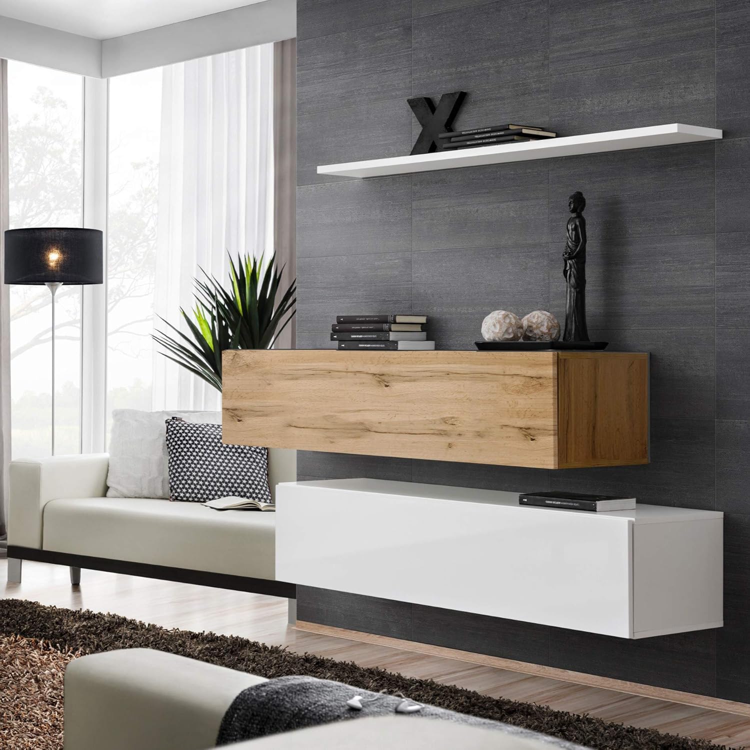 Asm Switch Ii Sideboard Set With Wall Shelf 130cm Wide Two Cabinets Push Click Doors Wotan Oak White High Gloss Amazon Co Uk Kitchen Home