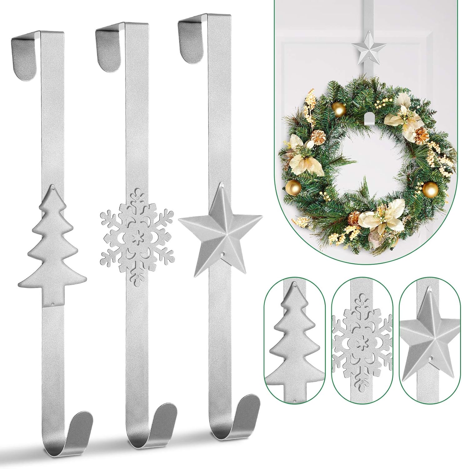 Wreath Hangers - Whaline 3Pccs Christmas Wreath Hanger Over The Door Metal Wreath Hook Star Christmas Tree Snowflake Hook for Xmas Party Decor Door Wall Home Office, Silver, 15in
