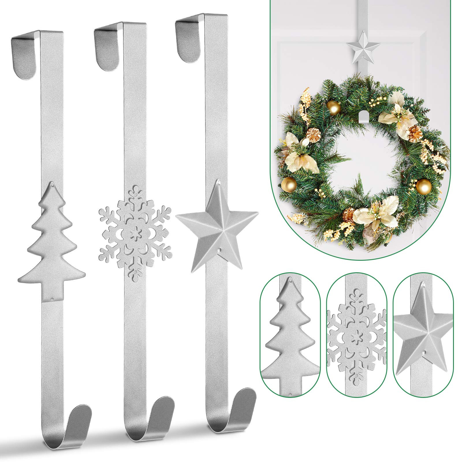Whaline 3Pccs Christmas Wreath Hanger Over the Door Metal Wreath Hook Star Christmas Tree Snowflake Hook for Xmas Party Decor Door Wall Home Office, Silver, 15in