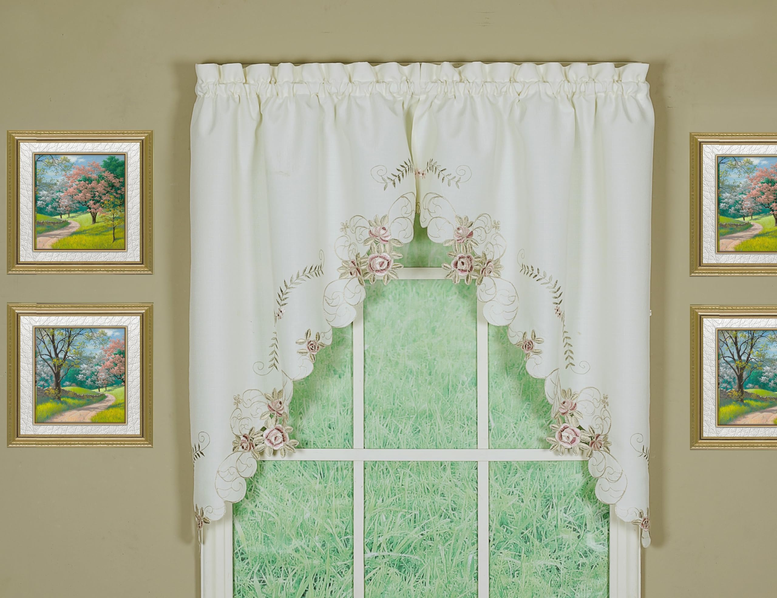 Today's Curtain Verona Reverse Embroidery Window Swag, 38-Inch, Ecru/Rose