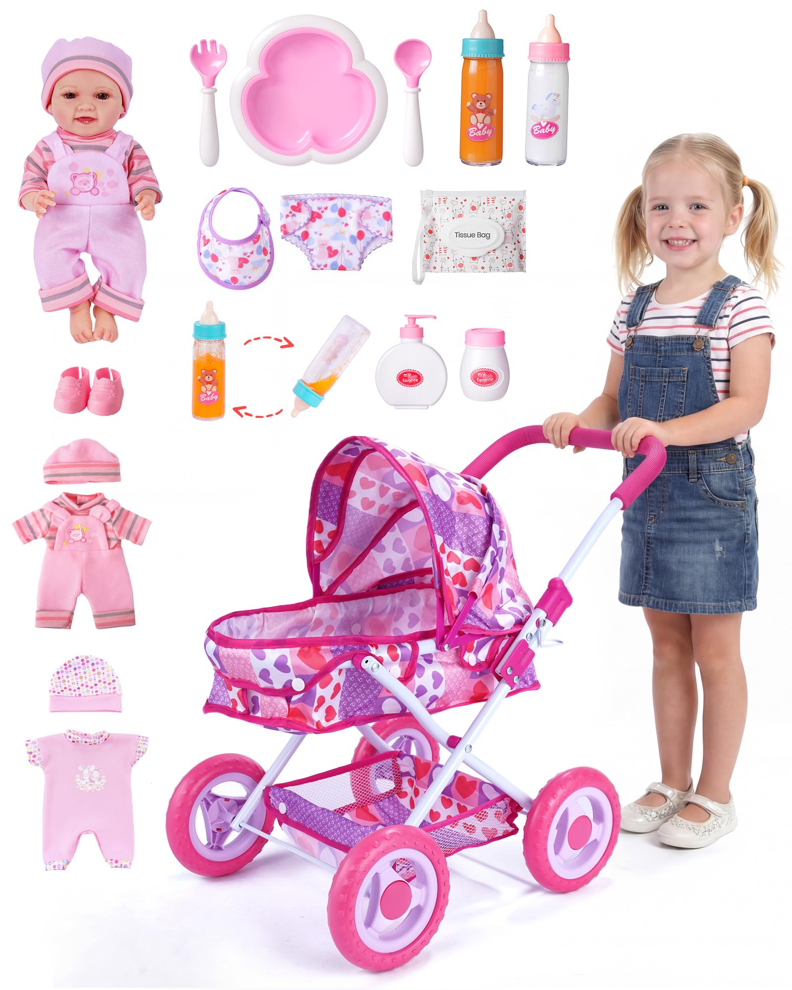 Photo 1 of **INCOMPLETE** BABESIDE Baby Doll Stroller Set with 12 Inch Baby Doll, 14 Pcs Baby Doll Accessories, Folding Doll Pram Pretend Play Set, Feeding, Bath & Care Toys, Gift for Girls Ages 3yrs+
