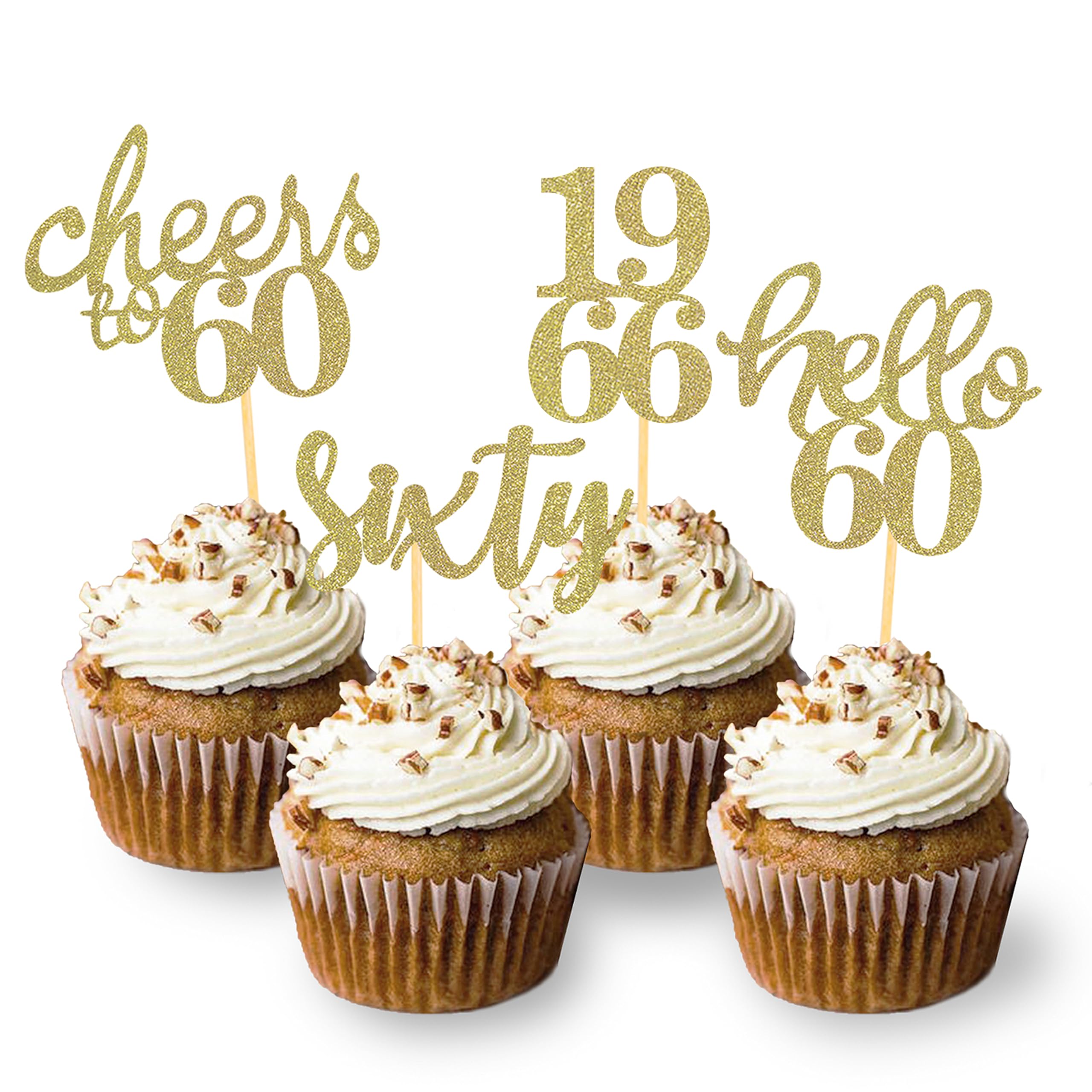 Photo 1 of 24 Pcs Glitter 60th Birthday Cupcake Toppers for Celebrating Sixty Years Old Birthday Party Decorations (Gold)