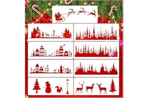 BOQON 9 Pcs Christmas Window Stencils Christmas Scene Pine Tree Stencils Christmas Stencils for Painting on Wood Glass Window Crafts Fabric Canvas (9 Scene)