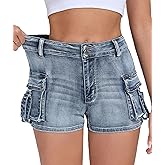 Aotasely Women's Denim Mini Cargo Shorts Casual Mid Waisted High Stretchy Jean Shorts Sexy Booty Shorts with Pockets Y2K