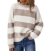 SunnyMelody Womens Cute Color Block Striped Sweater Fall 2025 Pullover Knit Tops - Ribbed Crew Neck, Lightweight, Loose Fit