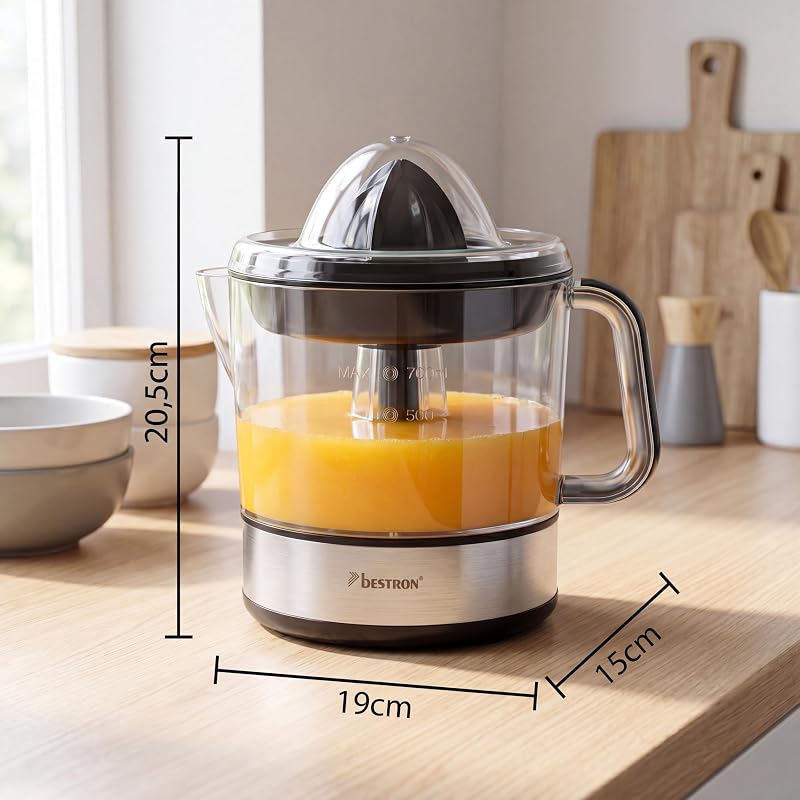 Bestron espremedor elétrico de frutas cítricas e laranja, incl. 2 cones espremedor e tampa aromática, motor com dois sentidos de rotação (esquerda/direita), capacidade: 0,7 litros, 40 watts, cor: prata