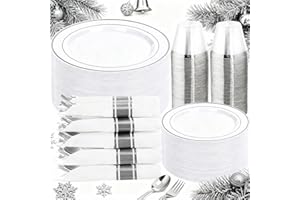 DaYammi 350PCS Silver Plastic Dinnerware Set for 50 Guests, Fancy Disposable Plates for Christmas, Include: 50 Dinner Plates, 50 Dessert Plates, 50 Pre Rolled Napkins with Silver Silverware, 50 Cups