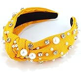 VELSCRUN Yellow Headband Pearl Knotted Headbands for Women Girls White Pearl Rhinestone Crystal Hair Band Top Knot Wide Head Band Holiday Headband Gifts for Mothers Sisters Hair Accessories