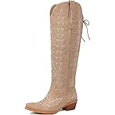 Womens Cowboy Boots Knee High Embroidered Cowgirl Adjustable Lace Up Western Boots