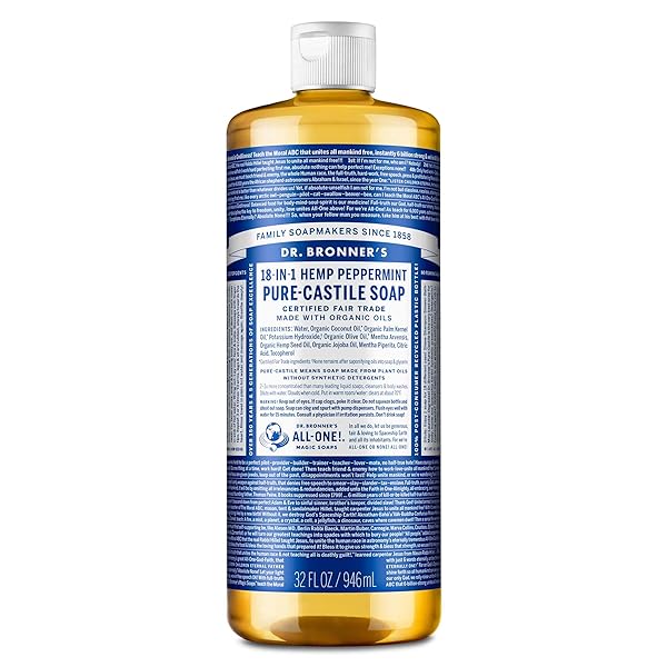 DR. BRONNER’S PURE-CASTILE LIQUID SOAP- MADE WITH REGENERATIVE ORGANIC CERTIFIED OILS- 18-IN-1 USES FOR FACE, BODY, HAND, HAIR, LAUNDRY & MORE- VEGAN, NON-GMO- BODY WASH- PEPPERMINT,32OZ