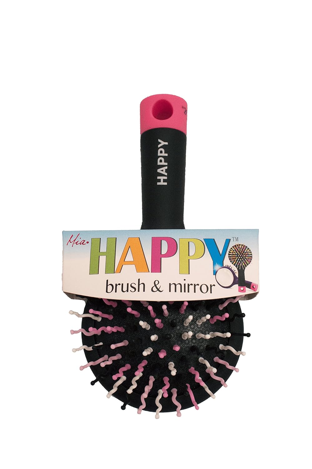 Mia Happy Brush, 2 in 1 Detangling Brush W/Mirror, Beautiful Black and Pretty Hot Pink, Great Gift, Travel, Kids 1 pc