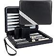 WE Games Backgammon Set, Board Games for Adults - Travel Games - Black with Gray Stripe Magnetic Leatherette Backgammon Board and Carrying Strap - Travel Backgammon Sets for Adults