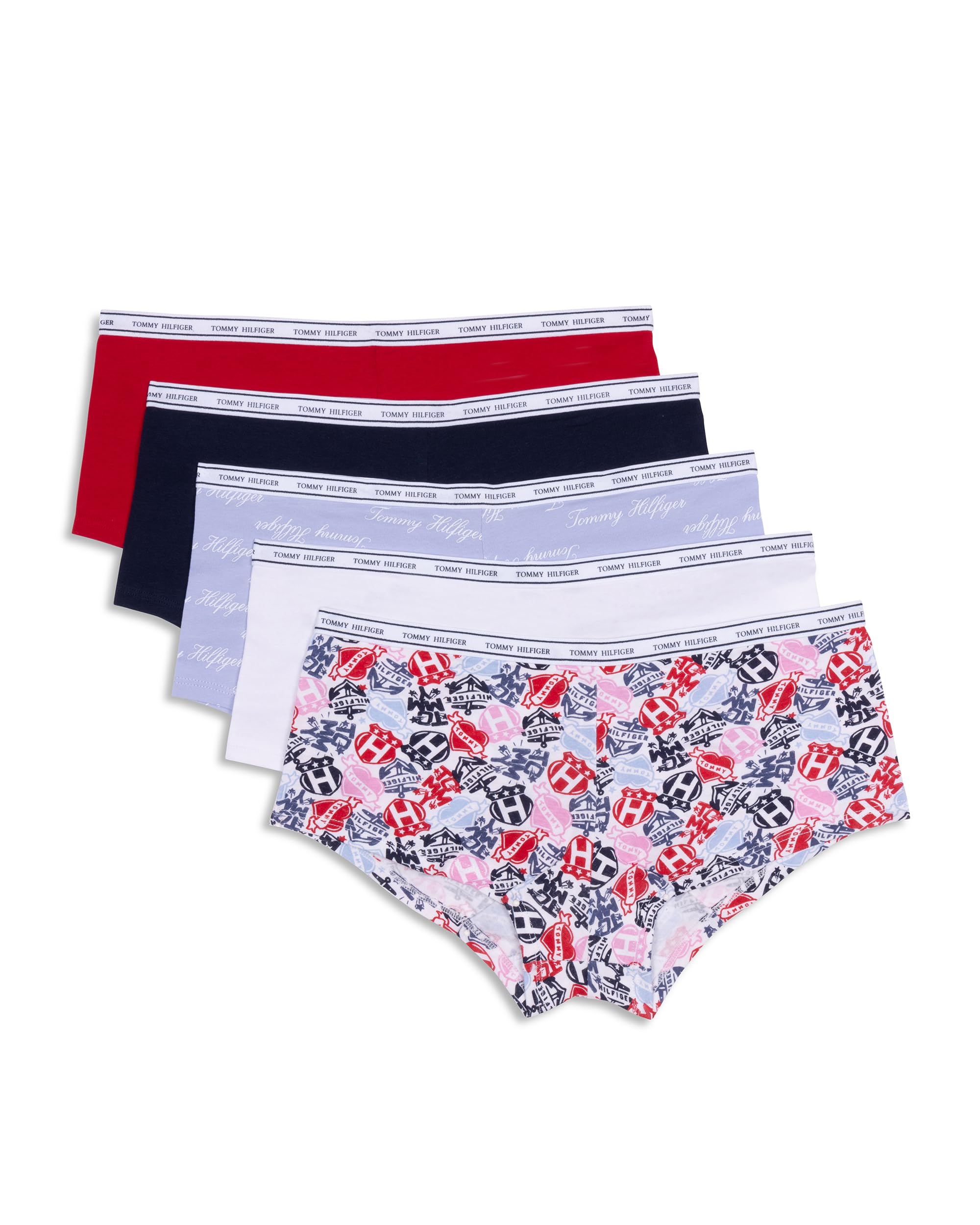 Tommy Hilfiger Womens Classic Cotton Boyshort Underwear with Logo Waistband 5-Pack, Tattoo Elements Bright White/Bright White/Brunerra Blue TH Calligraphy/Heather Grey/Apple Red, Small