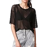 MakeMeChic Women's Sparkly Tops Mesh Sheer Short Sleeve Concert Outfits Sequin See Through Black T Shirts Blouse