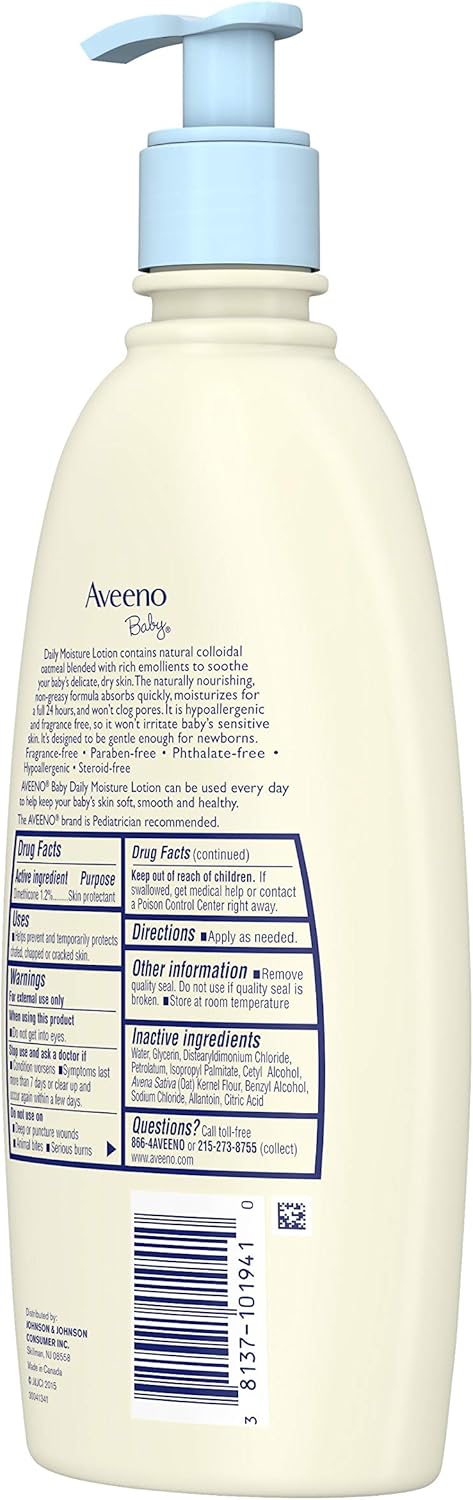 Aveeno Baby Daily Moisture Lotion for Delicate Skin with Natural Colloidal Oatmeal & Dimethicone, Hypoallergenic, Fragrance-, Phthalate- & Paraben-Free, 18 fl. oz : Body Lotions : Health & Personal Care