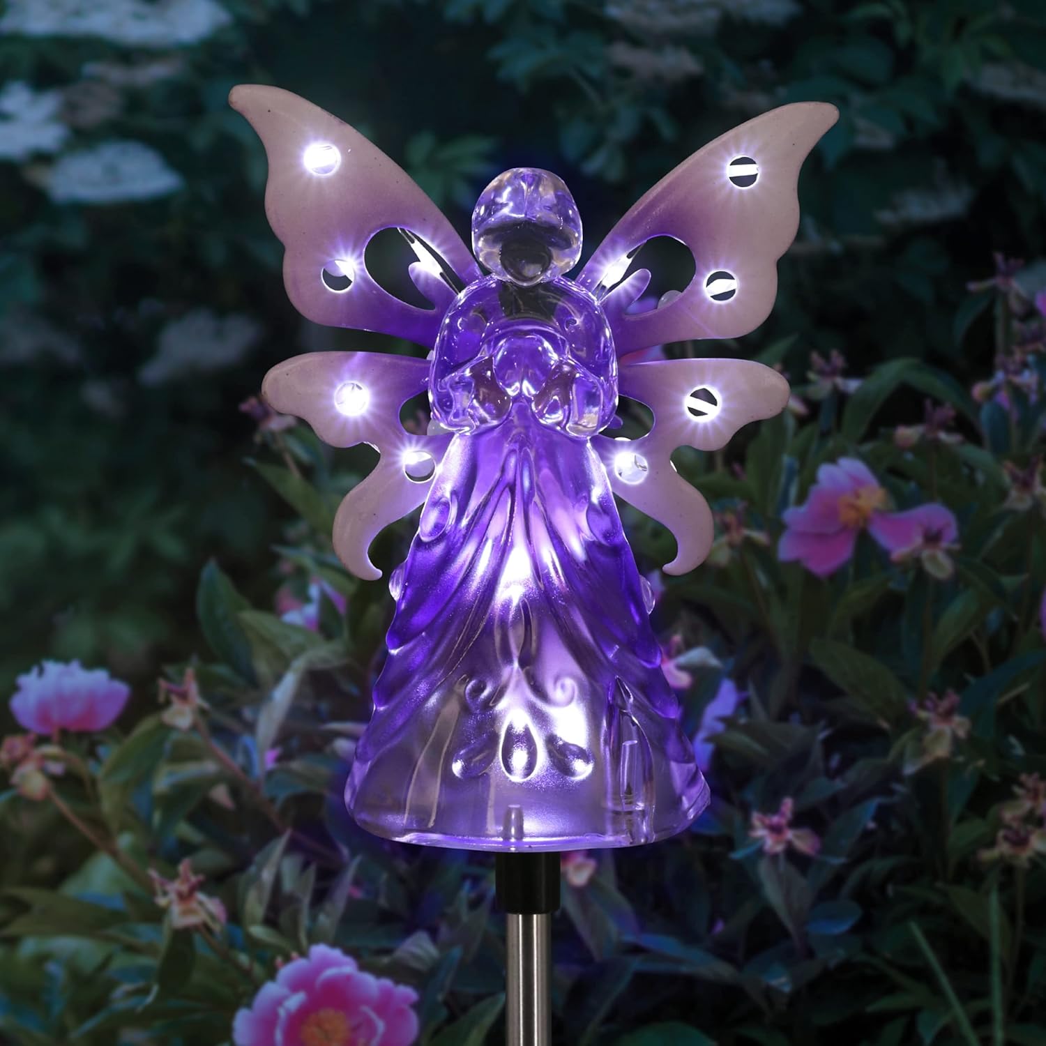 Decorative Garden Stakes - Exhart Garden Solar Lights, Decorative Angel Garden Stake, 12 LEDs, Cute Yard and Pathway Decor, Purple, 4 x 34 Inch