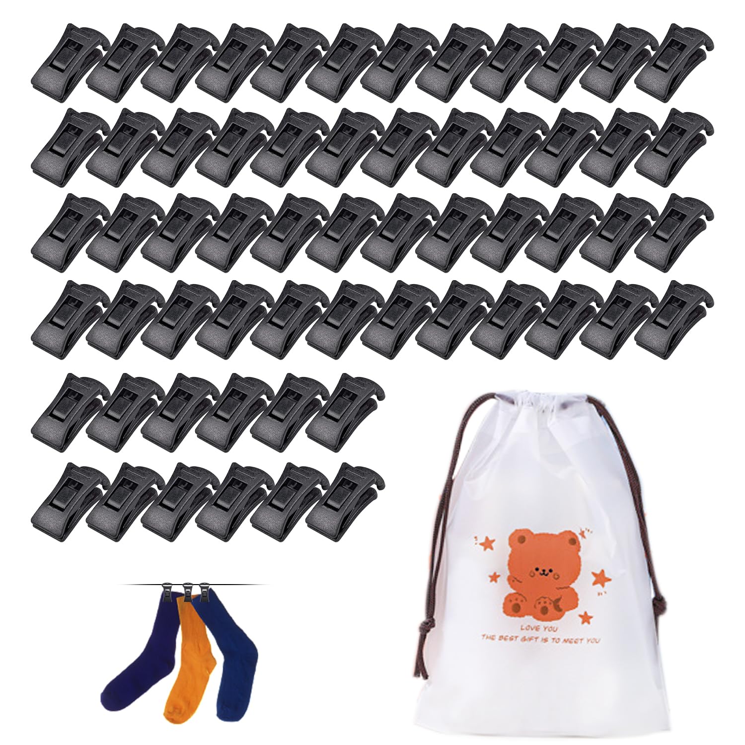 60 Pcs Sock Clips, 1 Drawstring Storage Bag, Sock Clips With Hook, For drying and storing pairs of socks, Multipurpose Sock Clips (Black)