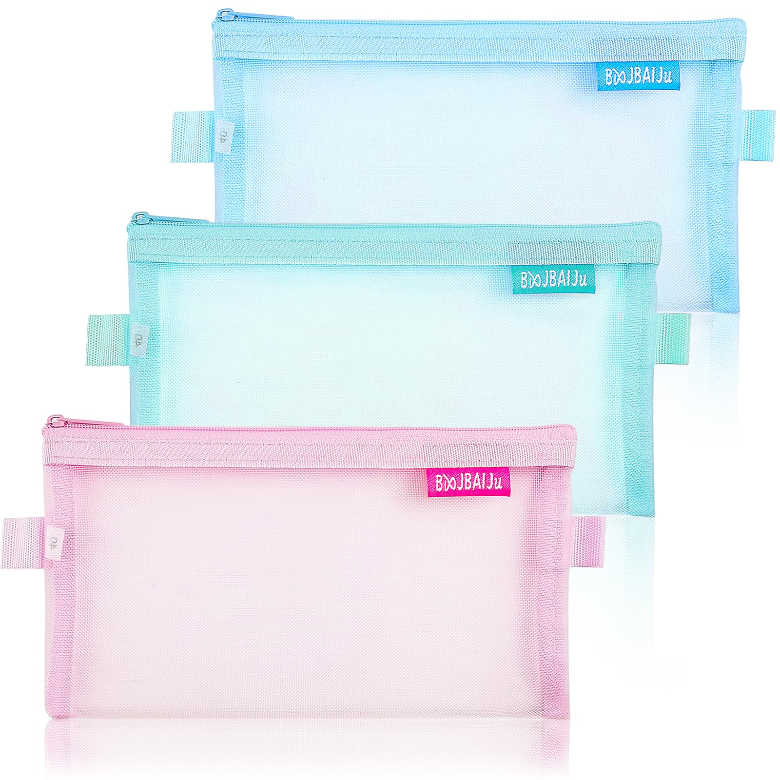 CKJ Clear Pencil Case 3Pcs, Pencil Bag for Exam, Zip Wallets Folders, Mesh Pencil Pouch for School Supplies, Bills, Cosmetics, Stationery and Travel Accessories (Pink, Green, Blue)