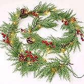 Prelit & Timer - 6 Ft Christmas Cedar Garland with Lights, Real Touch Cedar Garlands Artificial Realistic Greenery Garland for Mantle Fireplace Table Home Indoor Winter Pine Garlands Pinecone Berry