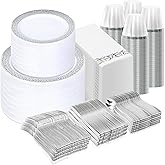 700 Piece Dinnerware Set for Wedding & Party,100 Guest Lace Design Plastic Plates,100 Plastic Silverware,100 Cups,100 Linen L