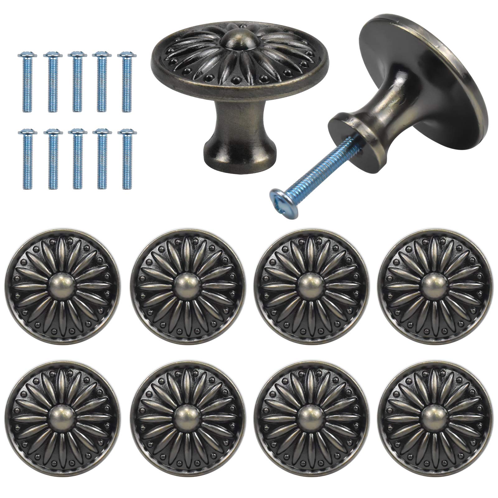 Jinlaili 10PCS Vintage Cabinet Knobs, 35MM Vintage Shabby Chic Round Drawer Knobs, Kitchen Cabinet Cupboard Drawer Door Knobs Pull Handles for Chest of Drawers Kitchen Cabinet Cupboards (Bronze)