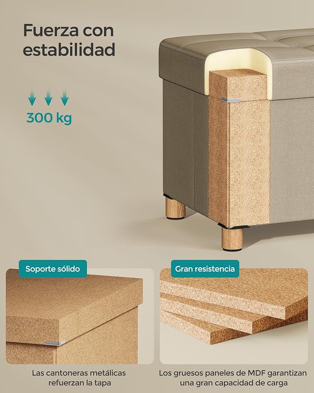 Puff Almacenaje, Baúl Plegable con Patas, 38 x 110 x 40 cm, Banco de Pie de Cama, Banco Almacenaje, Soporta hasta 300 kg, para Sala de Estar, Dormitorio, Entrada, Marrón Camello LSF018K11