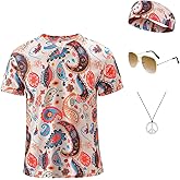 Inrajoper Mens 60s 70s Outfits 4 Pcs Hippie Disco Costumes Retro Paisley T-Shirt Accessories Set for Theme Party