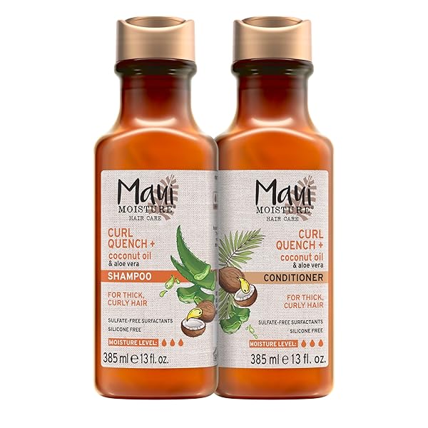 MAUI MOISTURE CURL QUENCH + COCONUT OIL SHAMPOO + CONDITIONER TO HYDRATE AND DETANGLE TIGHT CURLY HAIR, SOFTENING SHAMPOO, VEGAN, SILICONE & PARABEN-FREE, 13 FL OZ