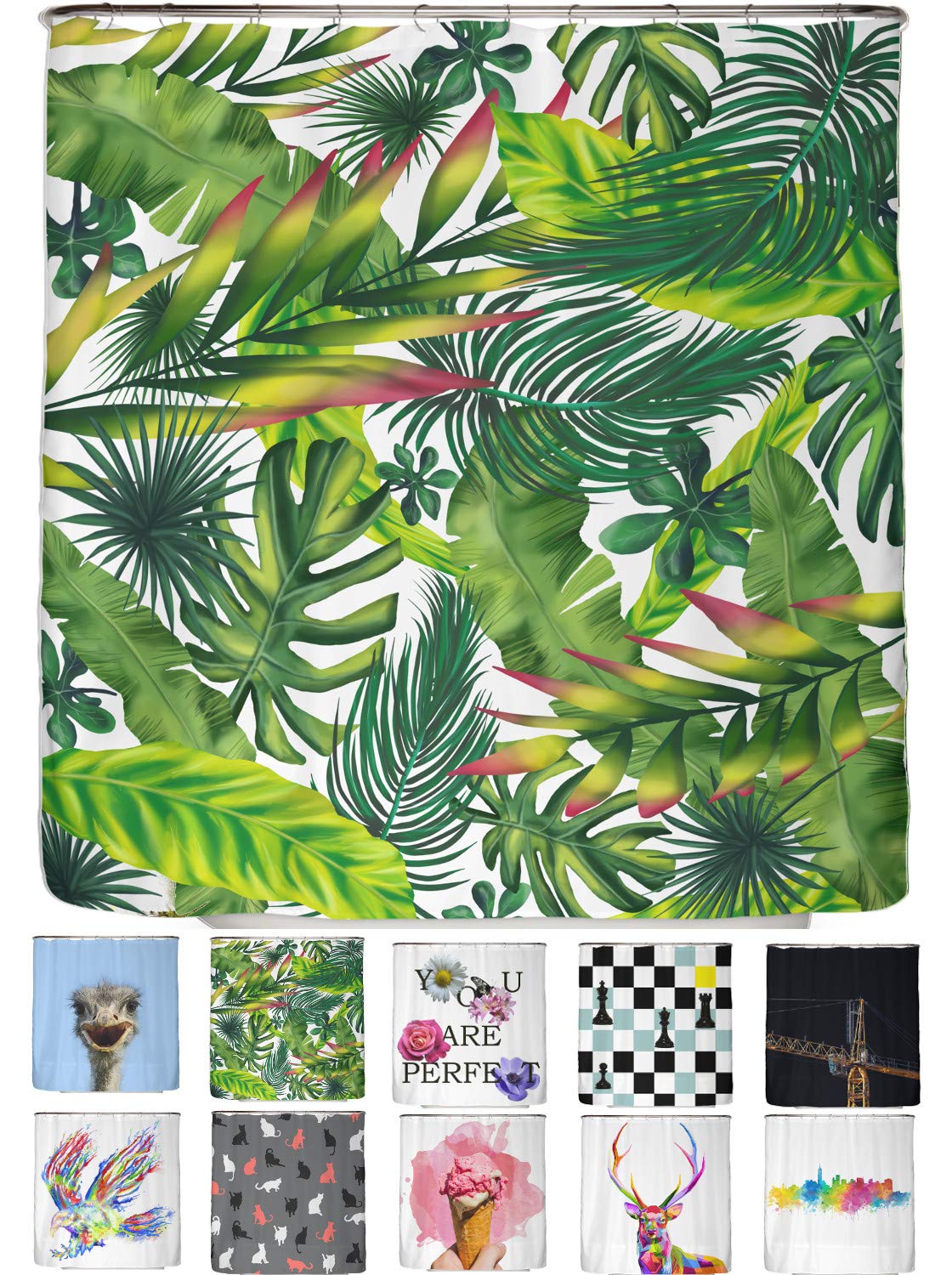 arteneur® - Leafs - Shower Curtain 180 x 200cm - Mould Resistant Fabric, Weighted Hem, Opaque, Waterproof, Washable incl. 12 hooks — image 1
