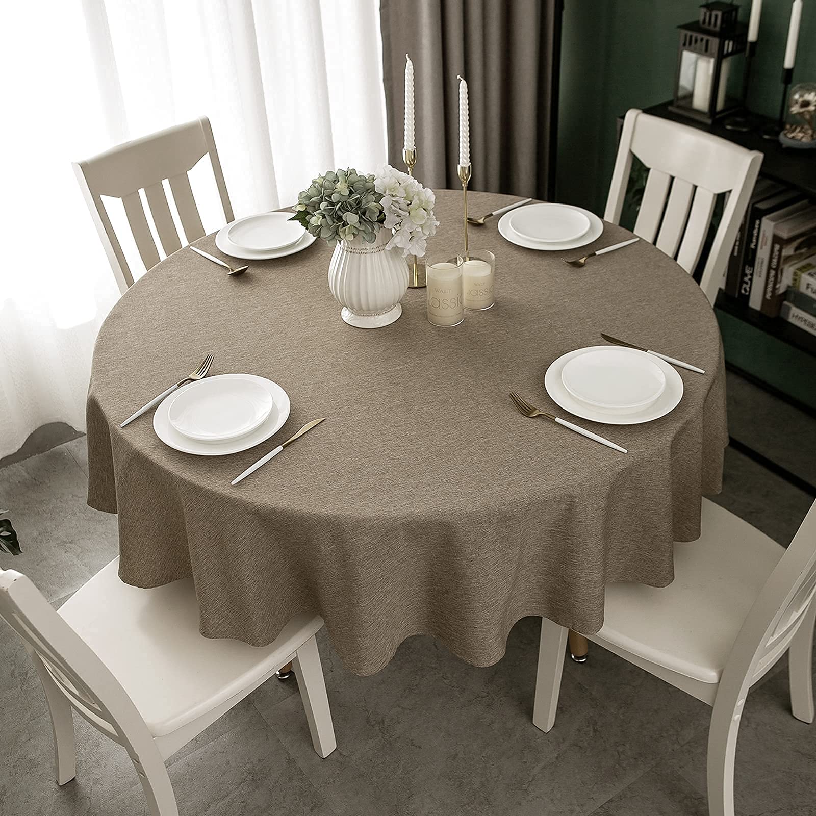 WELTRXE Round Table Cloth,180cm Diameter,Faux Linen Tablecloth,Water Resistant Spill Proof Wipeable Polyester Circular Dining Table Cover for Cafe Restaurant Buffet Tabletop Decoration,Dark Linen