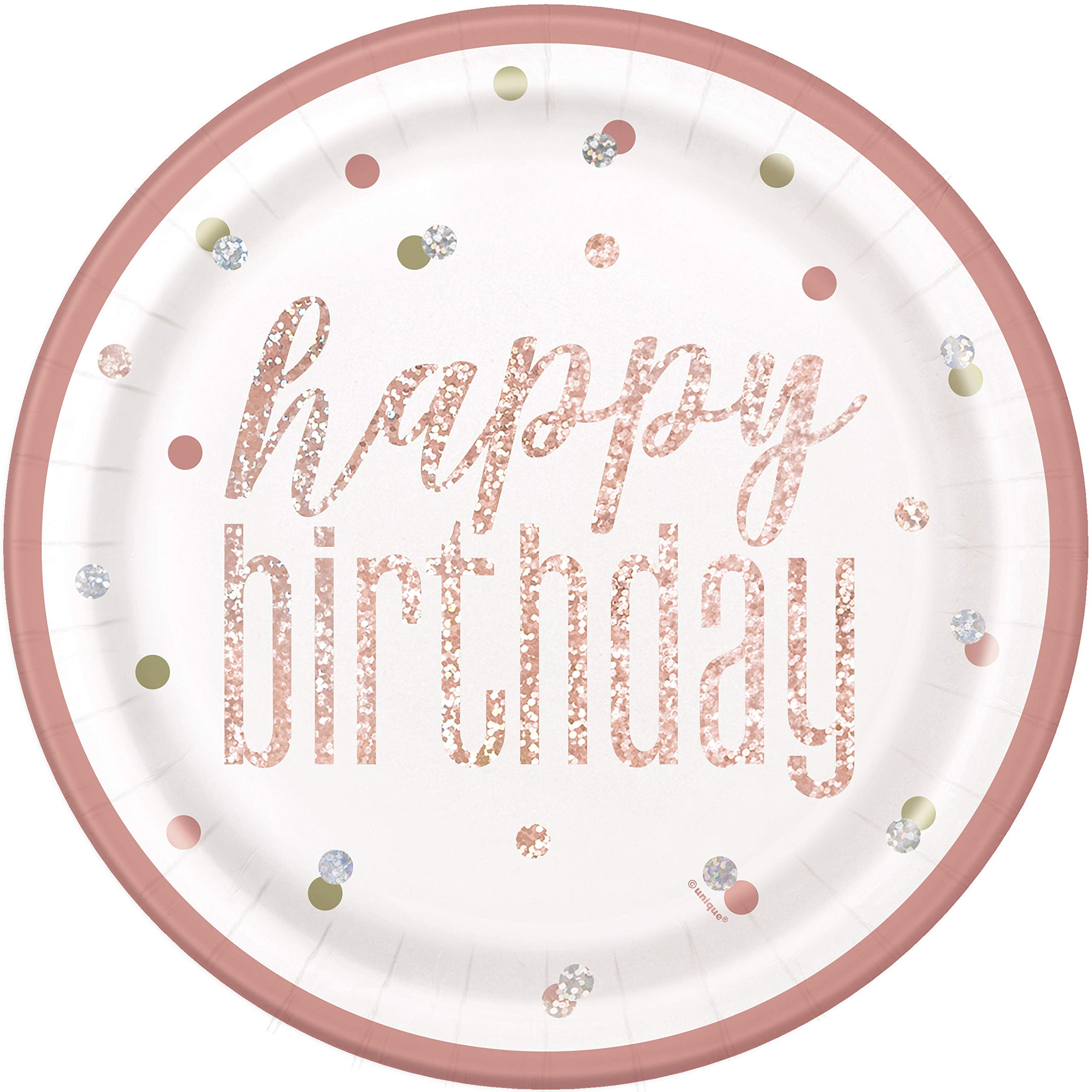 Unique 84891" Happy Birthday Round Paper Plates-9" | Disposable | Prismatic Rosegold | 8 Pcs, Rose Gold