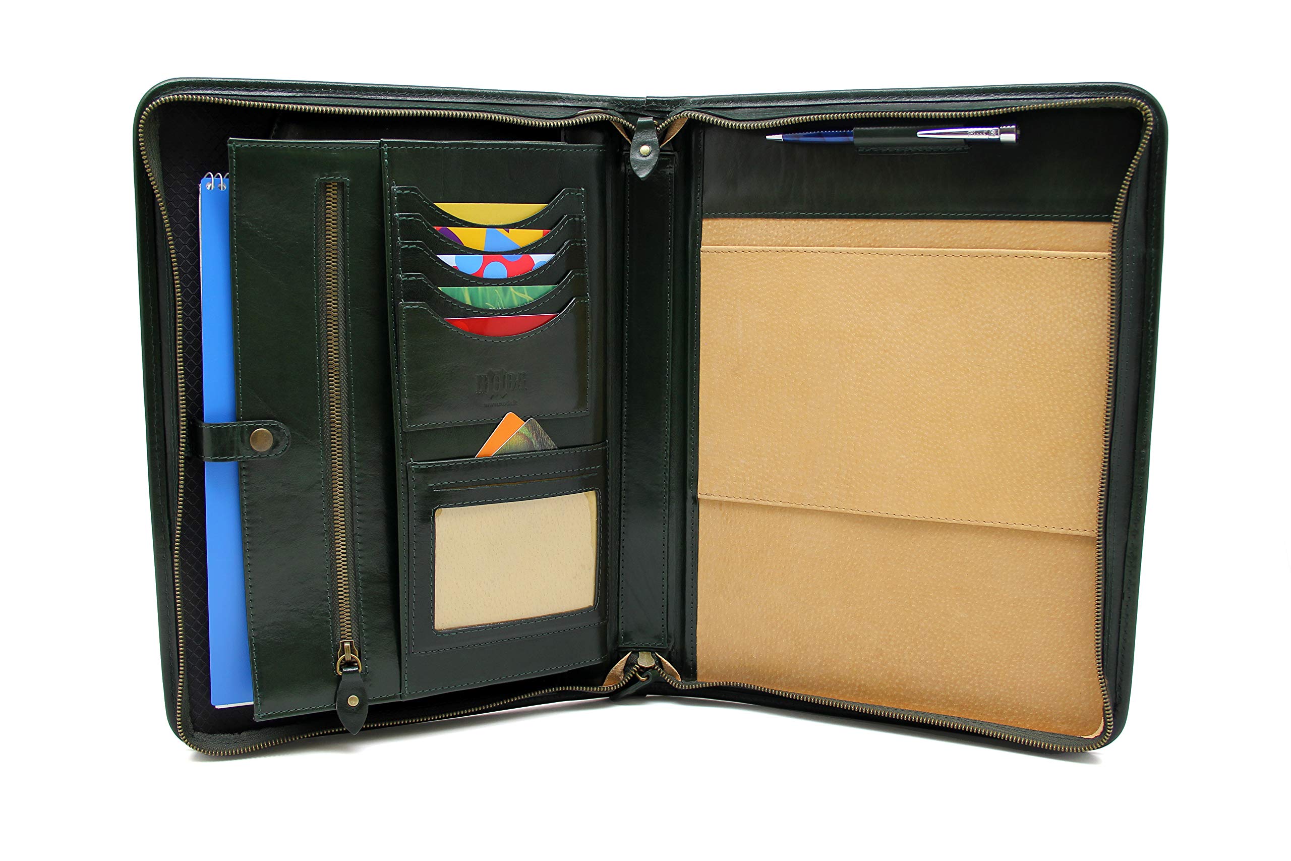 Italian Genuine Leather Zipped Business Conference A4 Folder Padfolio (Green)
