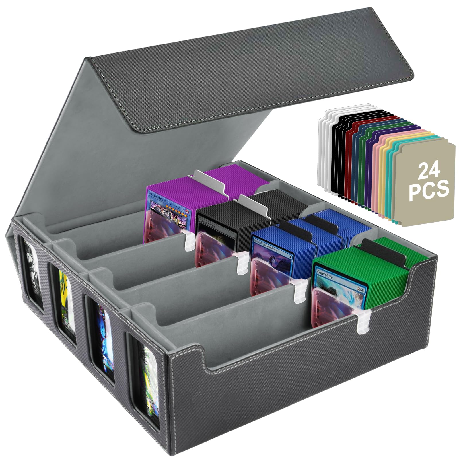 Aolso Trading Card Storage Box,Quartuple Card Deck Case With 24 Dividers&4 Supporters,Holds 2400+ Cards for MTG, TCG, Commander,PU Leather, Grey