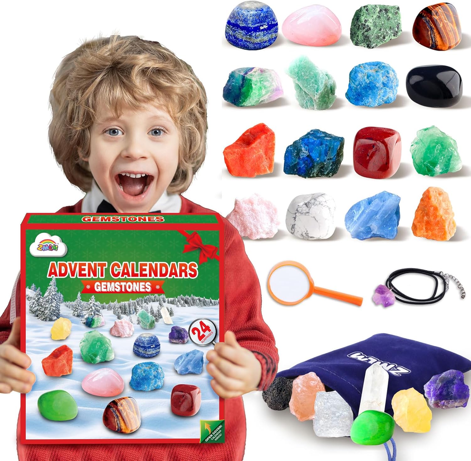 Advent Calendars - ZMLM Christmas Rock Advent Calendar: 24 Days Countdown Surprise with 24 Gemstones for Age 5-12 Girl Boy Gift Toy Kit & Geological Science Exploration|Natural Mineral Collection|Creative Toys