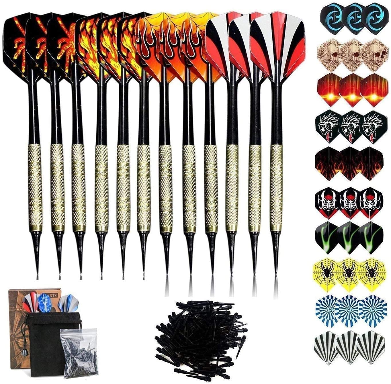 Sinwind Darts Set, 12 Pcs Soft Tip Darts with Brass-plated Steel Barrels, extra 10 Style 30 Flights and 100 Soft Tip Points for Electronic Dartboards