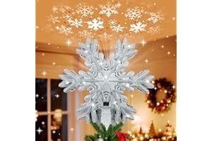 LLIBTYT Christmas Tree Topper Lighted with Snowflake Projector, LED Rotating Snowflake, 3D Glitter Lighted Tree Topper for Christmas Tree, Hollow Design, Christmas Tree Decor for Home Office Indoor, Silver