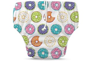 Charlie Banana Reusable Washable Swim Diaper, Adjustable Drawstring for Baby Girls Boys, Soft and Snug Waterproof Fit to Prevent Leaks - Delicious Donuts, Size M (16-28 lbs)