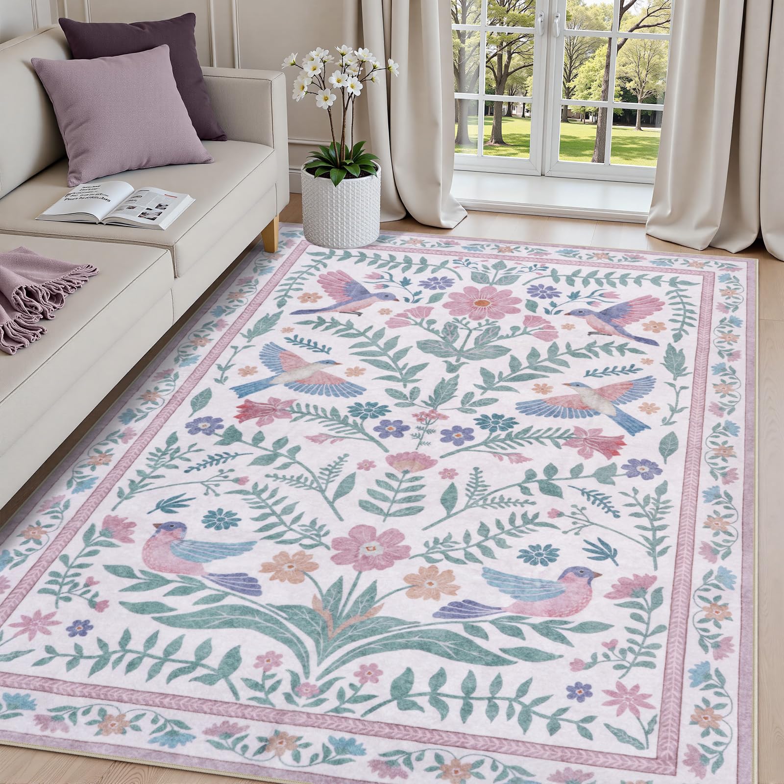 Photo 1 of LIVEBOX Washable Rug 6x9, Soft Boho Pink Rugs for Bedroom Girls, Non-Slip Vintage Large Living Room Rug, Ultra-Thin Floral Birds Mat Non-Shedding Indoor Carprt for Dining Room Nursery, Pink