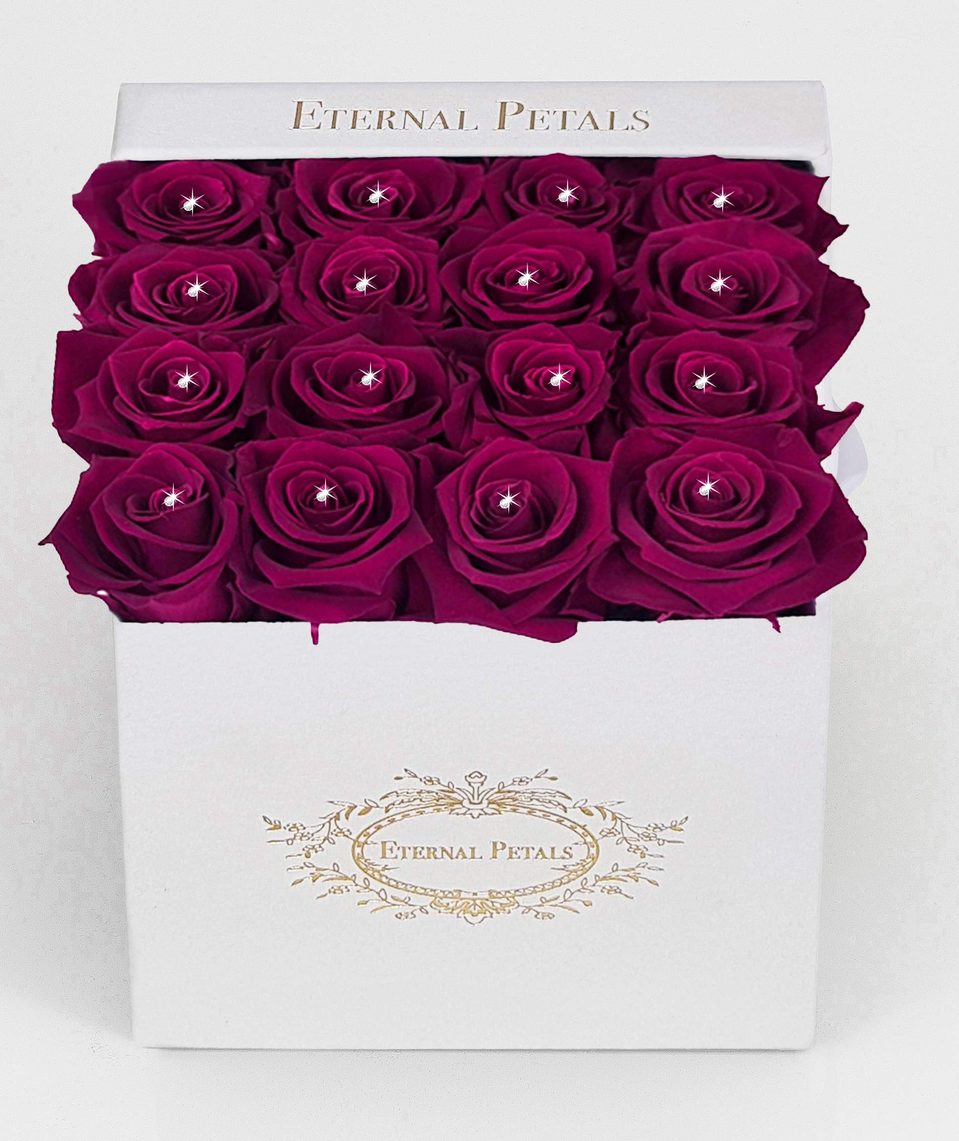 Eternal Petals Real Roses That Last A Year - 16 roses in a White Flower Box with 16 Crystals (Cherry)
