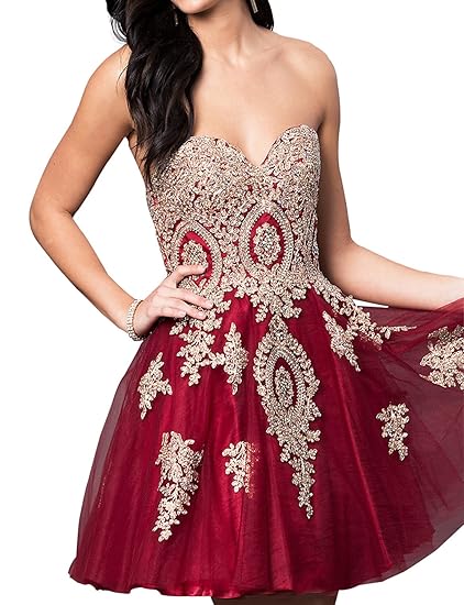 Erosebridal Kurz Ballkleider Trägerlos Abendkleider Gold Appliques