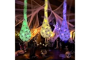 GUASSLEE 3pcs Giant Spider Halloween Decorations Outdoor Clearance - 41" Big Colorful LED Light Up Spider Egg Sack with Spider Web Hanging Ornament for Halloween Party Favor Outdoor Garden Yard Tree Decoration