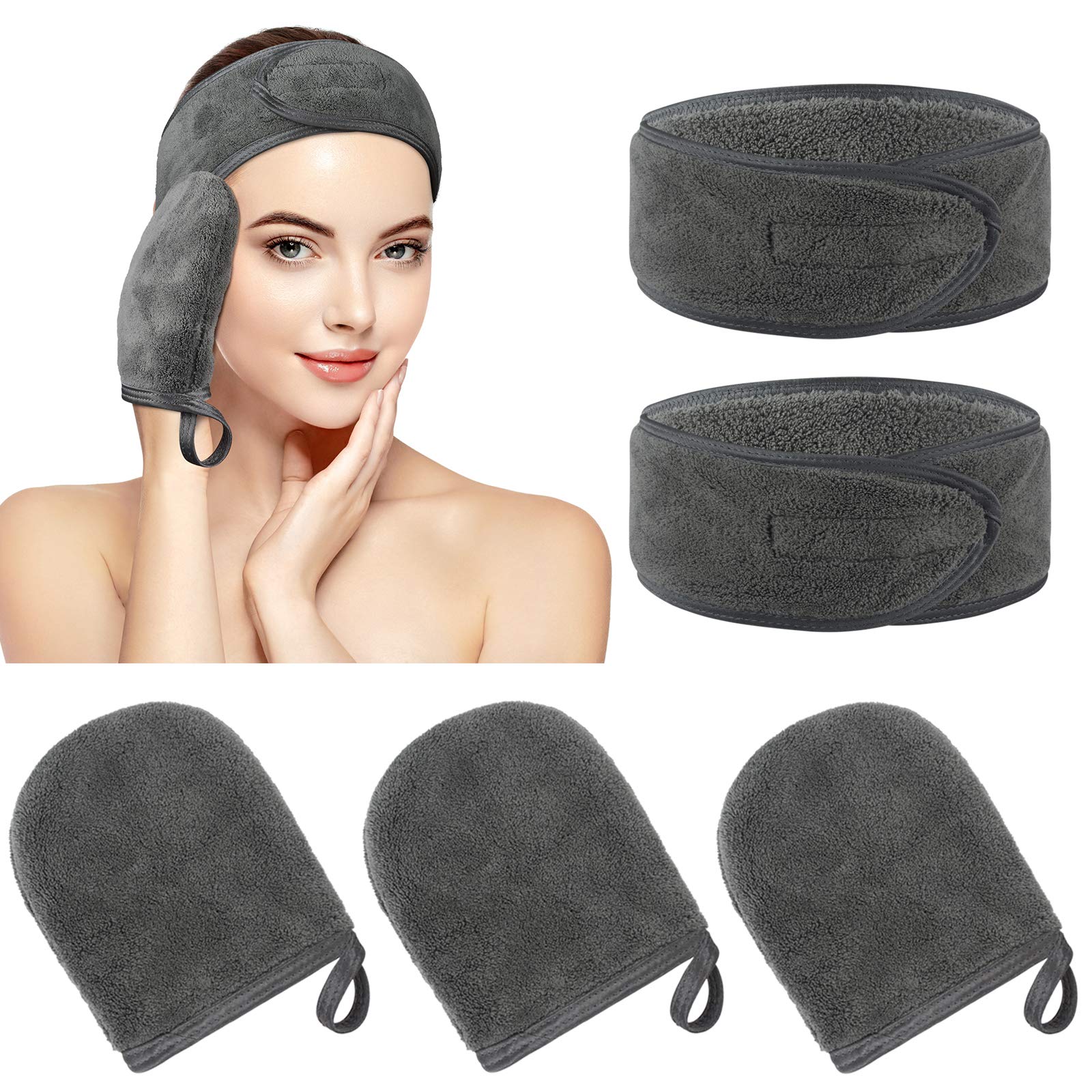 KinHwa Reusable Makeup Remover Glove Microfibre Facial Mitts Set and Makeup Headband Gentle for Face Eyes Suit All Skin Dark-grey Dark-grey