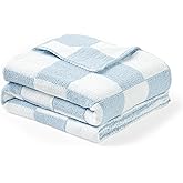 CREVENT 30"X40" Cozy Soft Warm Chenille Baby Blanket for Girls Boys, Newborn Essentials for Infant, Baby Shower Receiving Gift - Checked Blue 75X100cm