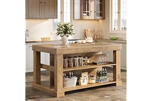 Tribesigns Kitchen Island with 3 Shelves, 55 Inches Width Kitchen Shelf with Large Worktop, Stable Wooden Structure, Farmhouse Style, Easy to Assemble, Light Brown