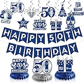 50th Birthday Party Decorations, Glitter Blue Silver Happy 50th Birthday Decorations Hanging Swirls Banner Honeycomb Centerpieces for Men Women Happy 50 Years Old Bday Party