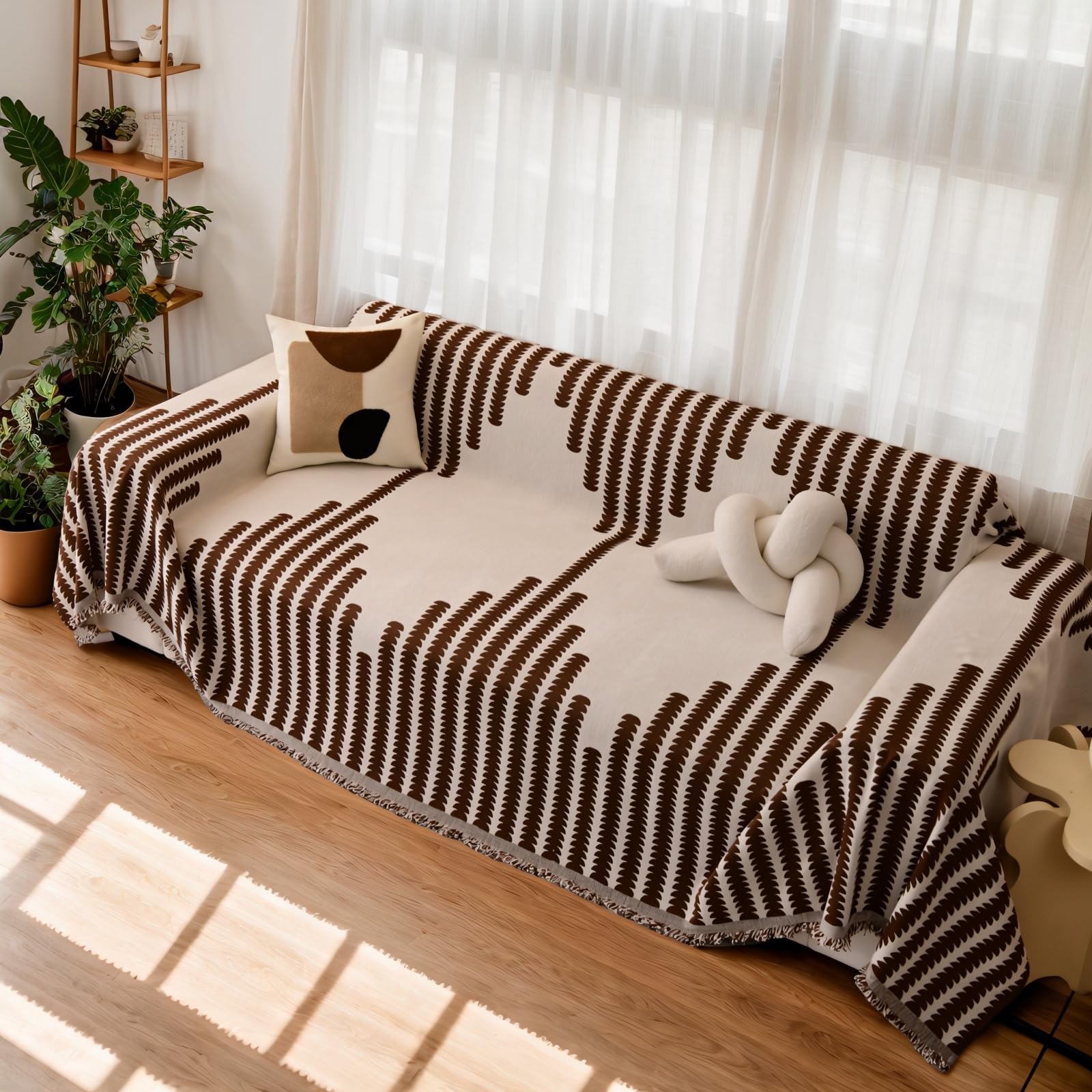 OKYUK Boho Chenille Sofa Cover 2/3/4 Seater & Corner Sofa - Washable, Tassel Design, Pet-Friendly, Breathable, All-Season Multi-use Living Room Furniture Protector(Boho Coffee, XX-Large (180 * 340cm)