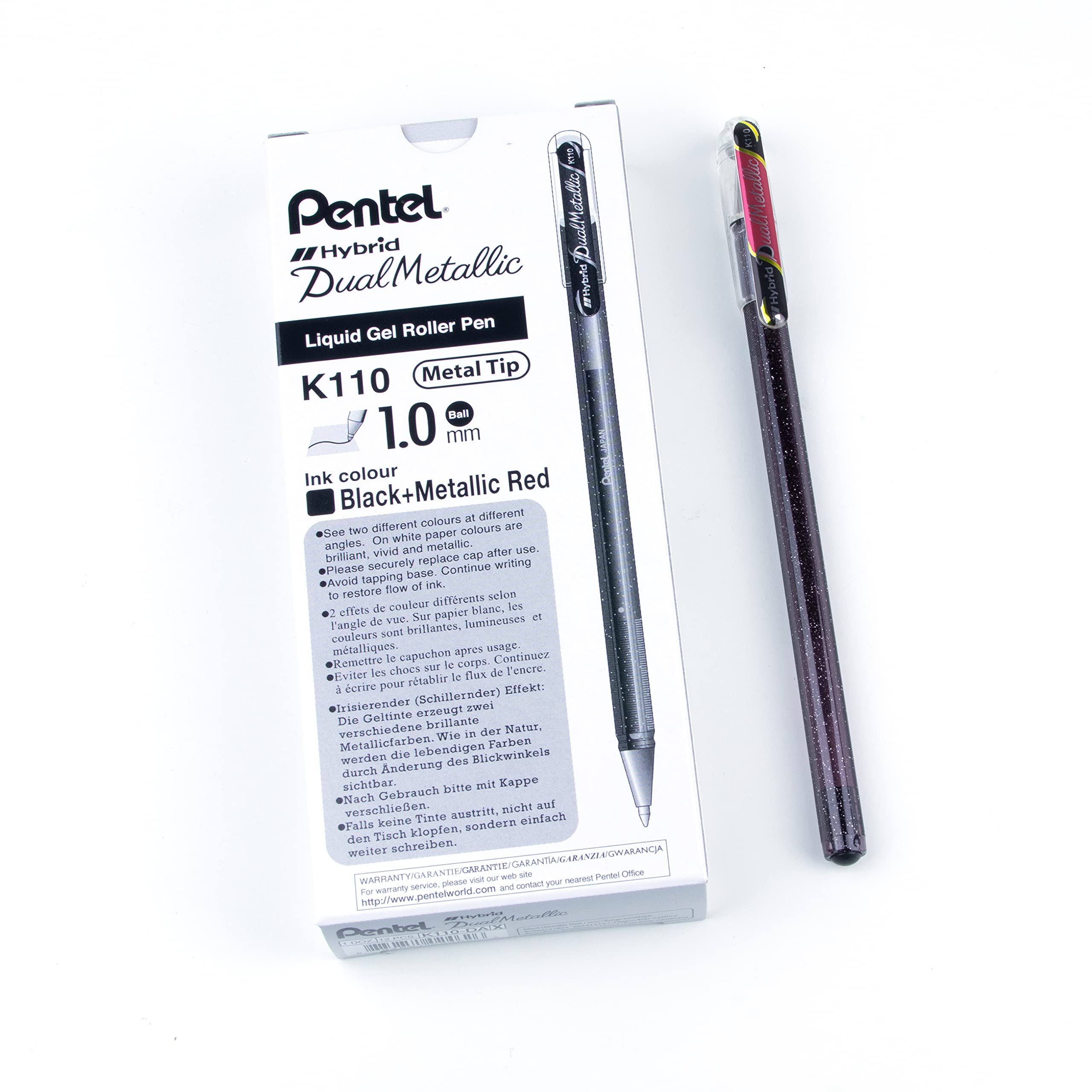 Pentel K110 Hybrid DualMetallic Gel Rollerball, 1.0mm Tip, Black/Metallic Red (Pack of 12) โ image 1
