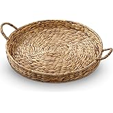 Yiyiring Round Woven Hyacinth Serving Tray with Handles Rattan Decorative Storage Basket for Fruit Arts Crafts Breakfast Coffee Table Dining, 1.97 x 21.65 Inches