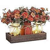 GarveeHome 3 Pcs Mason Jar Centerpiece Table Decorations Fake Flowers Artificial Blue Flowers Rustic Spring Centerpieces Decor with Wood Tray and Light Table Decorations for Home Kitchen Living Room
